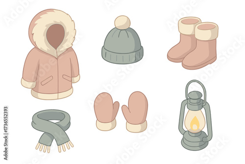Snowy Landscape Attire. Isometric vector illustration set Snowy landscape clothing: fur parka hood warm, wool hat, boots, scarf,