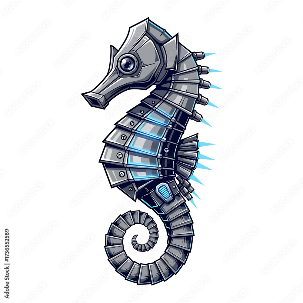 Futuristic steampunk seahorse design concept with metallic textures and glowing accents adds a touch of whimsy to any project or creative endeavor today
