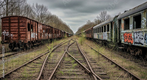 Wallpaper Mural A poignant view of abandoned train tracks and rusty railway wagons left to decay in an overgrown, forgotten industrial landscape, evoking the relentless passage of time Torontodigital.ca