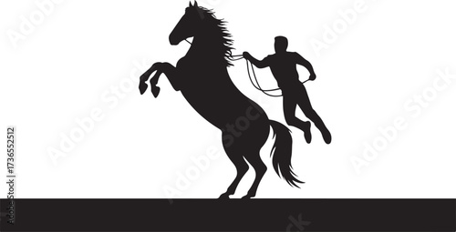 Black silhouette of a man holding reins of a rearing horse against a white background vector