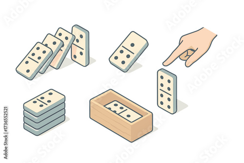 Domino Play Moment. Isometric vector illustration set Domino play moment: domino tile line fall, single tile mid-fall, stacked