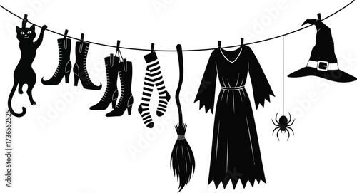 Halloween costume elements hanging on a clothesline in black and white vector art