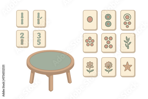 Pastel Mahjong Layout. Isometric vector illustration set Mahjong tabletop layout: mahjong tile chinese game, round table, bamboo