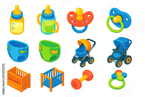 Colorful Baby Product Icons. Isometric vector illustration set baby icons: milk formula bottle, transition baby bottle, decorated