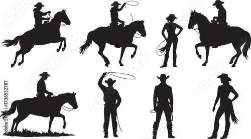 Collection of black silhouettes of cowboys and cowgirls on horseback and standing with lassos vector