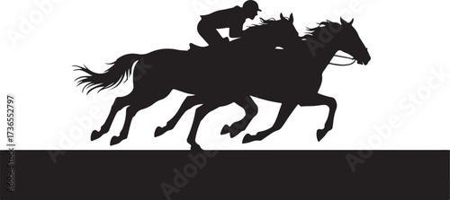 Black silhouette of two horses and jockeys racing on a white background with a black ground line horse racing