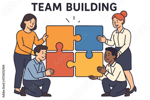 Diverse group of people working together to assemble a large puzzle