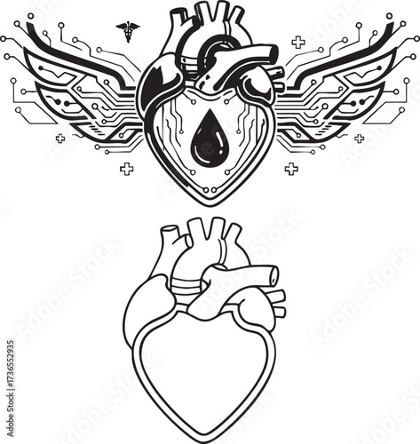 Cybernetic Heart with Medical Anatomy Heart, Tech Wings, Circuit Board & Blood Drop
