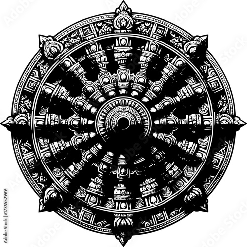 Dharmachakra: A detailed black and white rendering of the Dharmachakra, the Wheel of Dharma, symbol of Buddhist teachings and the path to enlightenment. 