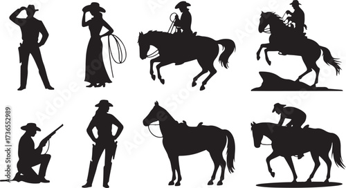 Cowboy and cowgirl silhouettes with horses and lasso on white background riding