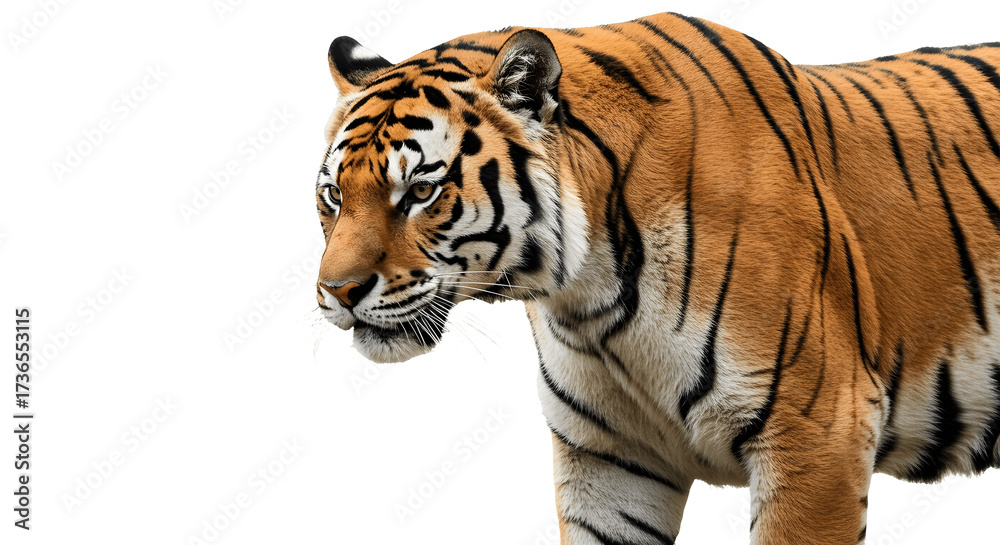 Obraz premium Royal tiger (Panthera tigris corbetti) isolated on white background with clipping path, fierce wild predator staring at prey, majestic hunter concept, Asian big cat, wildlife nature stock photography