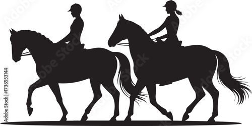 Two black silhouette horse riders in profile on white background equestrian riding