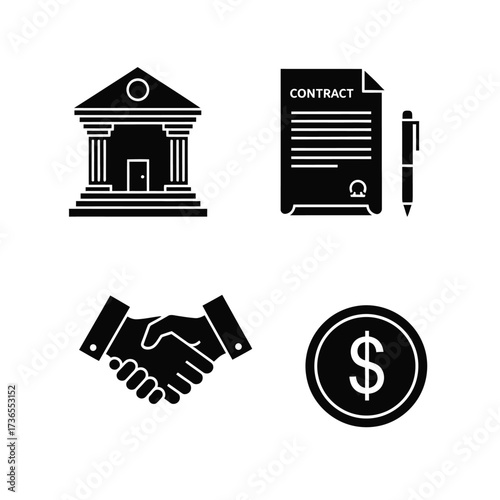 Black silhouette icons representing banking, contracts, handshake agreements, and financial transactions.