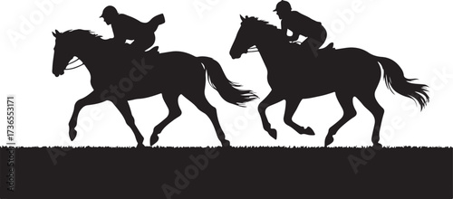 Two black silhouette horse riders on a white background with a grass foreground jockey equestrian
