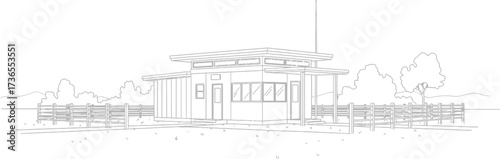 Modern house blueprint with fence and trees in a rural setting