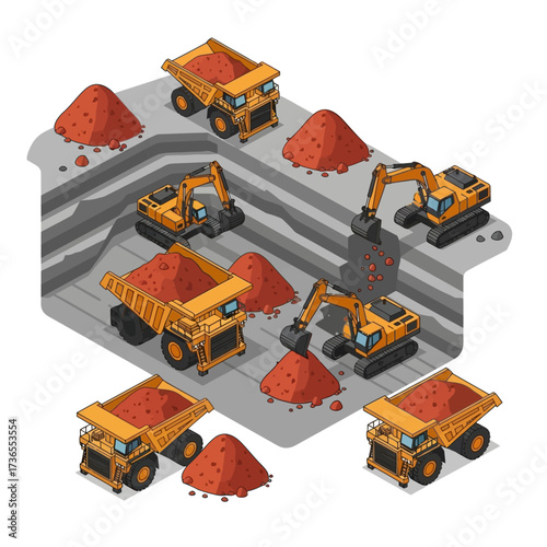 Construction heavy machinery and dump trucks in a quarry scene.