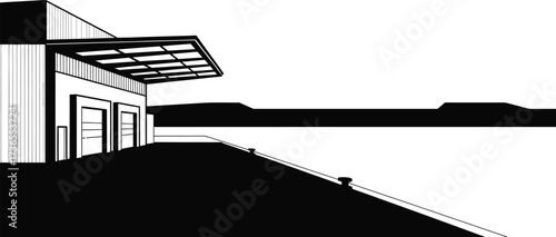 Minimalist building with garage doors on a waterfront location