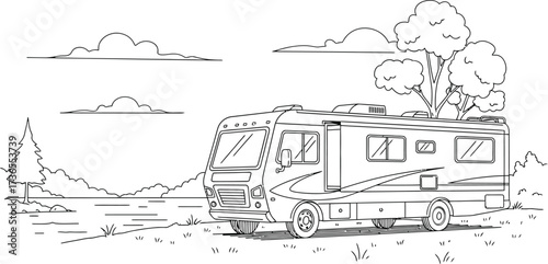 RV in Nature, Recreational Vehicle in a Landscape Illustration