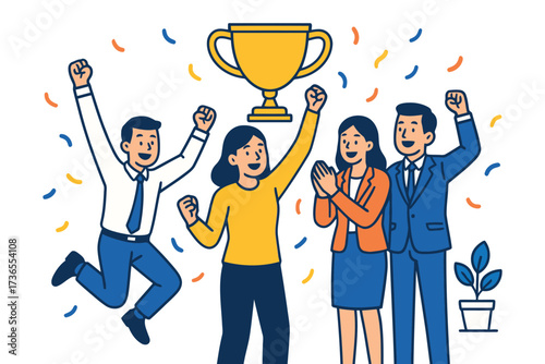 Diverse business team celebrating victory with a golden trophy and confetti