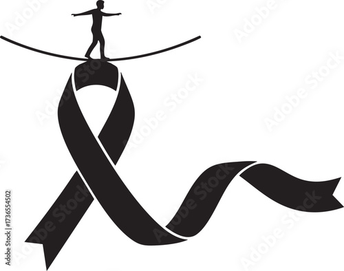 Tightrope walker balancing on awareness ribbon symbolizing struggle and hope