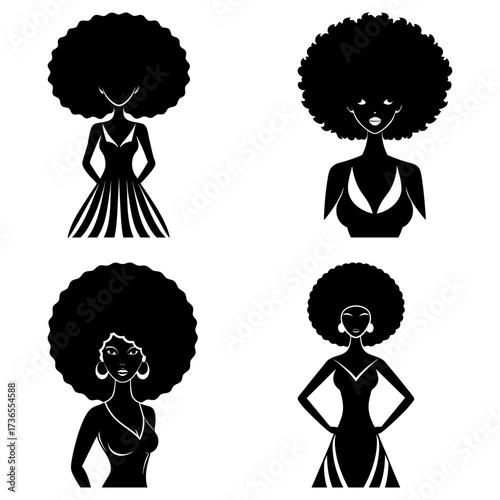 Four silhouettes of women with afro hairstyles wearing dresses in a black and white illustration style