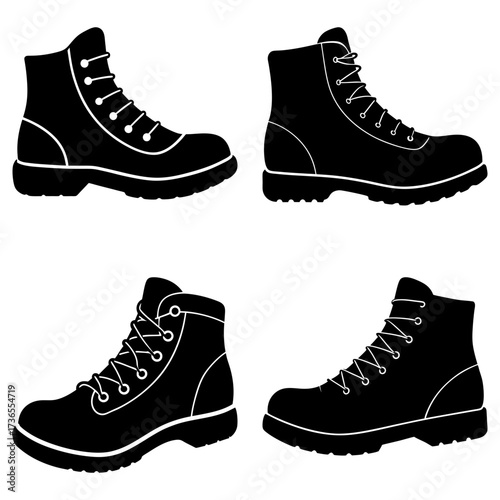 Four black silhouette images of laced boots with different designs and sole patterns on a white background
