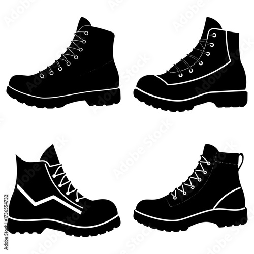 Four black silhouette images of lace up boots with thick soles and visible stitching details shown clearly