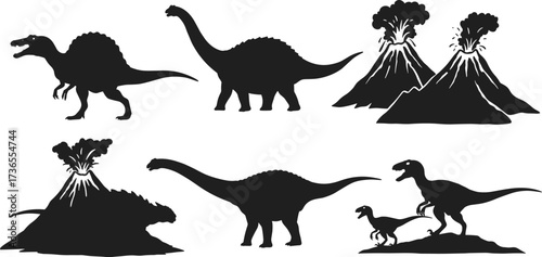 Prehistoric dinosaur silhouettes with erupting volcanoes, pterosaurs, stegosaurus, spinosaurus, tyrannosaurus, triceratops, Jurassic wildlife, fossil reptiles vector illustration design