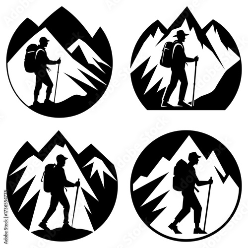 Four circular mountain scenes featuring a silhouetted hiker with backpack and trekking pole in black and white