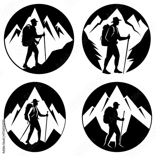 Four circular designs featuring silhouetted hikers with backpacks against mountain backgrounds in black and white