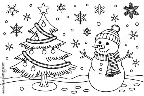 Joyful snowman and decorated Christmas tree in a snowy winter scene, ready for coloring
