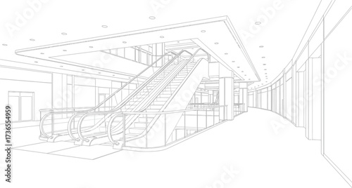 Blueprint of escalators in a modern shopping mall, architecture