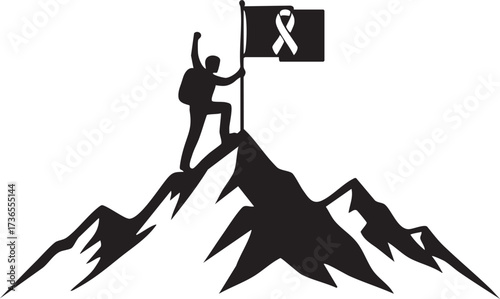 Hiker standing on mountain peak with awareness ribbon flag symbolizing victory, support, and awareness
