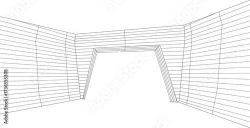 Wireframe tunnel perspective, architectural design, 3D rendering