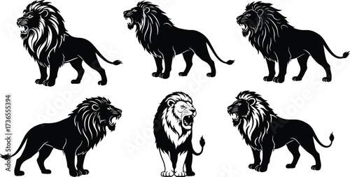 Roaring lion silhouettes standing strong with detailed mane artwork, black and white vector illustration set for tattoo logo design concepts