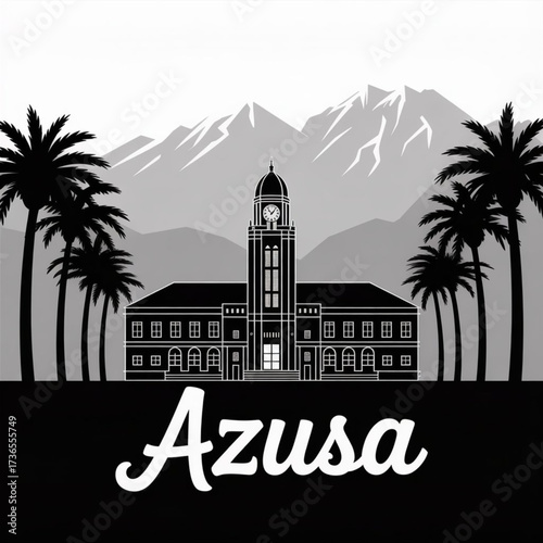 ‎Azusa California Skyline Silhouette — San Gabriel Valley Mountain City Vector Illustration