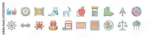 Collection of diverse conceptual flat icons representing various themes and concepts