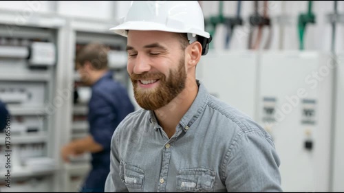 Young male electrician smiling towards camera with arms crossed at industrial plant. Engineer at work concept footage.