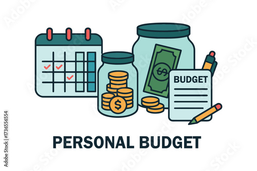 Personal budgeting concept with calendar jars money and pen