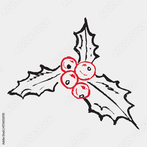 Hand drawn holly berry line art. Vector sketch illustration in vintage crayon textured style. Merry Christmas symbol. Minimalist Christmas botanical Illustration.