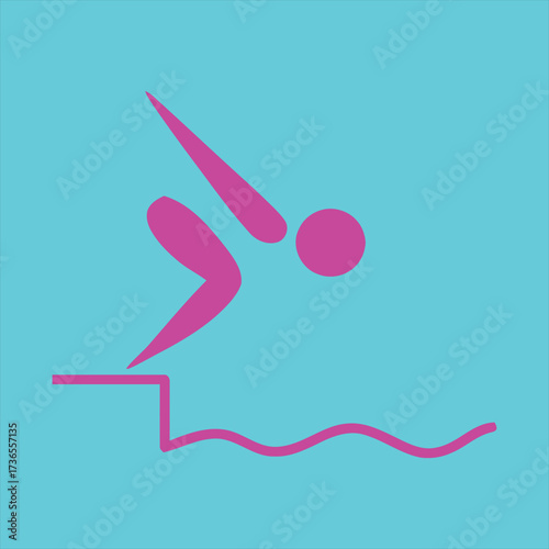 Clean graphic illustration showing a stylized athlete diving from a starting block into water, representing competitive swimming, aquatic sports, and athletic prowess