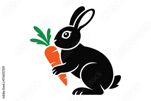 Adorable black rabbit holding a vibrant orange carrot with green leaves