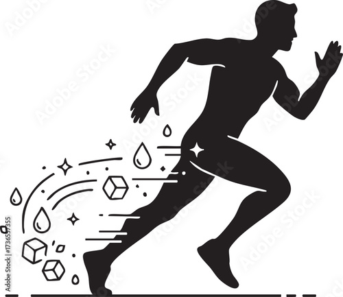 Dynamic Runner Silhouette with Ice Cubes and Water Droplets. Symbol of Speed, Cooling, and Recovery Vector.