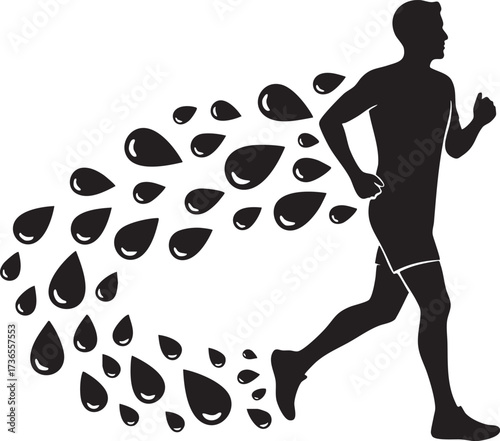 Dynamic Runner Silhouette with Trailing Dark Droplets. Symbol of Detoxification, Exertion, or Shedding Negativity Vector.