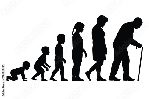 Silhouettes depict the human life cycle from infancy to old age, symbolizing growth and aging.