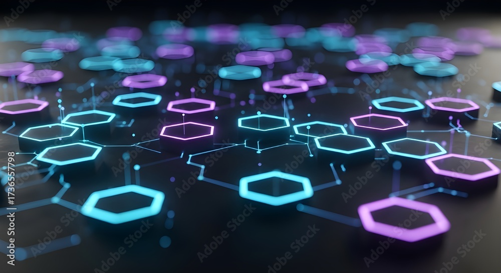 Fototapeta premium Abstract network structure with glowing hexagon nodes and connecting lines