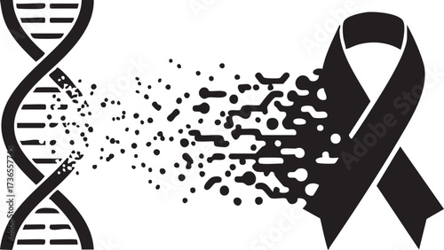 DNA Helix Disintegrating into Black Awareness Ribbon. Symbol of Genetic Disease, Loss, and Remembrance Vector Illustration.