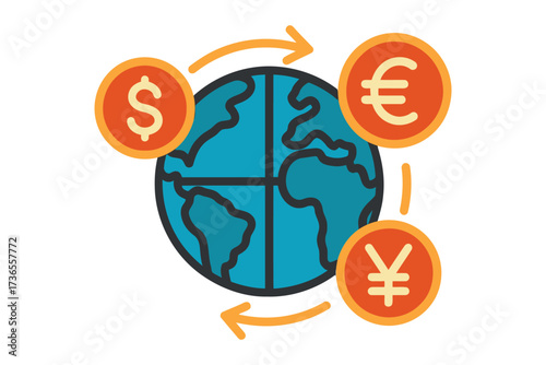 Global currency exchange around the world with arrows and coins