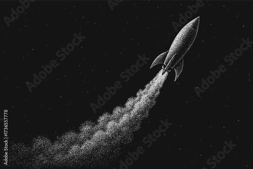 Black and white vector dotwork illustration of a rocket launch with thick smoke behind it. Hand-drawn stippling style artwork showing spacecraft rising into outer space.
