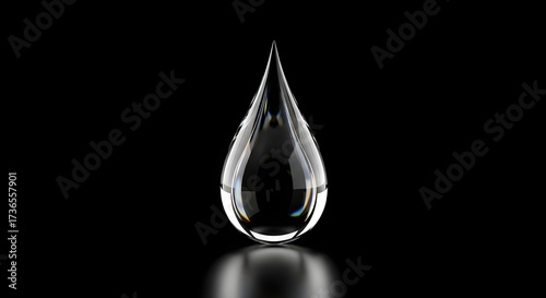 Clear water drop with reflection on black background, close up shot